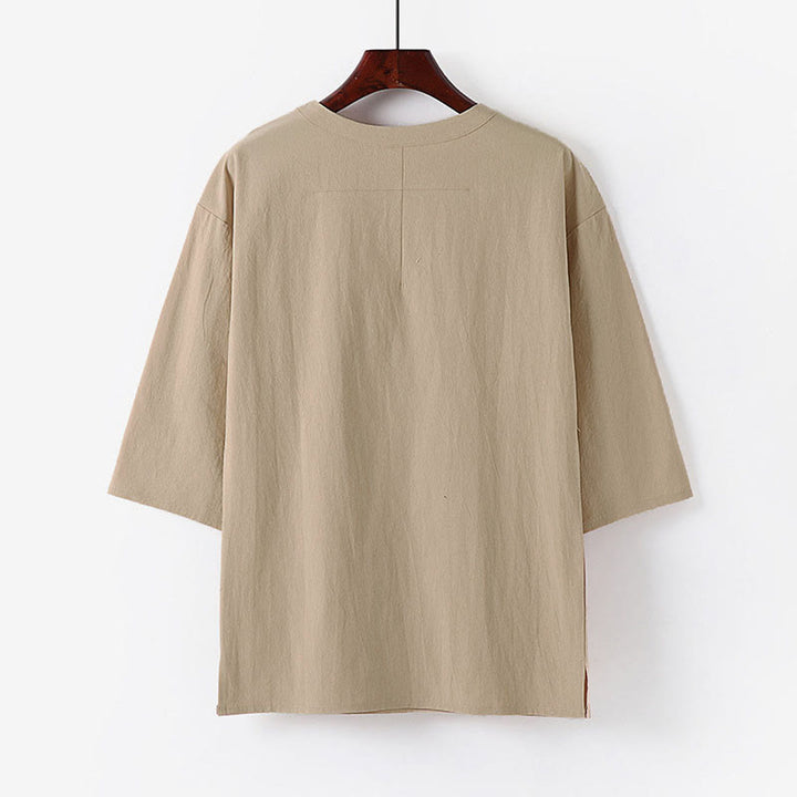 T-shirt d'été décontracté à col rond et manches 3/4 pour homme, en coton et lin, Buddha Stones - image 1