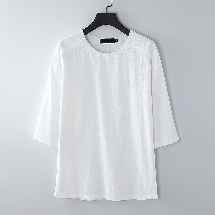 T-shirt d'été décontracté à col rond et manches 3/4 pour homme, en coton et lin, Buddha Stones - Blanc - US/UK/AU54，EU64 (9XL) - image 9
