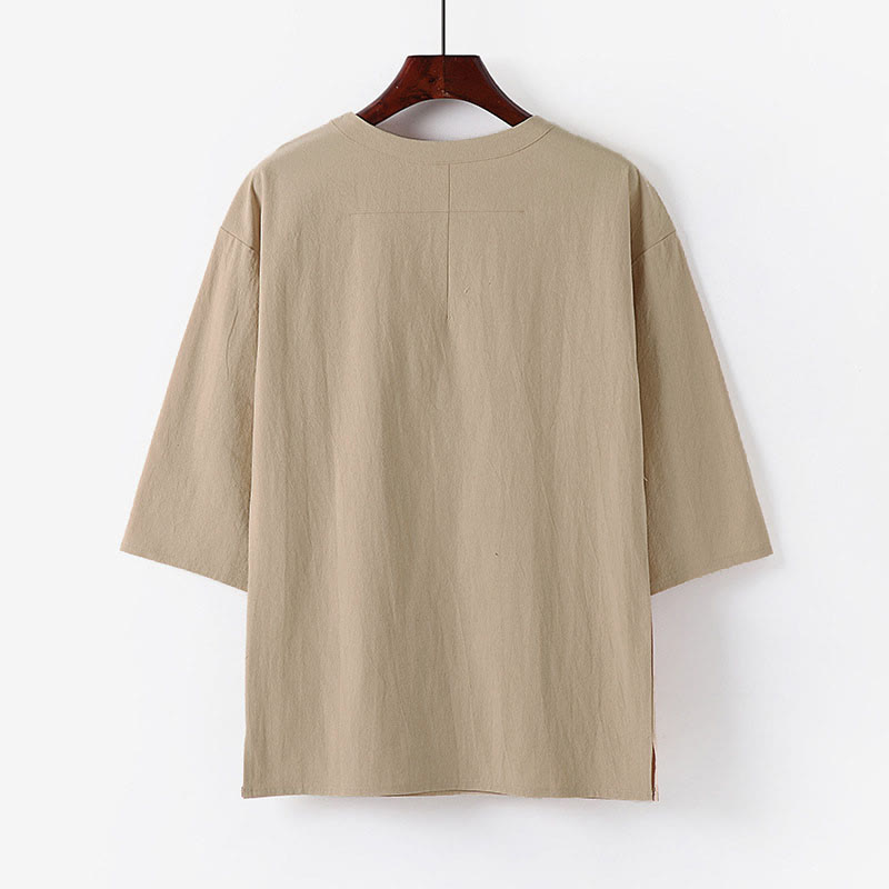 T-shirt d'été décontracté à col rond et manches 3/4 pour homme, en coton et lin, Buddha Stones - image 1
