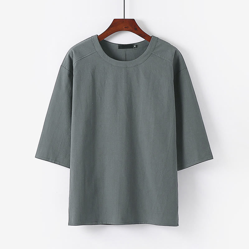 T-shirt d'été décontracté à col rond et manches 3/4 pour homme, en coton et lin, Buddha Stones - Gris - US/UK/AU54，EU64 (9XL) - image 6