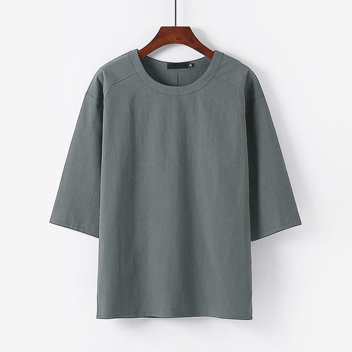 T-shirt d'été décontracté à col rond et manches 3/4 pour homme, en coton et lin, Buddha Stones - Gris - US/UK/AU54，EU64 (9XL) - image 6