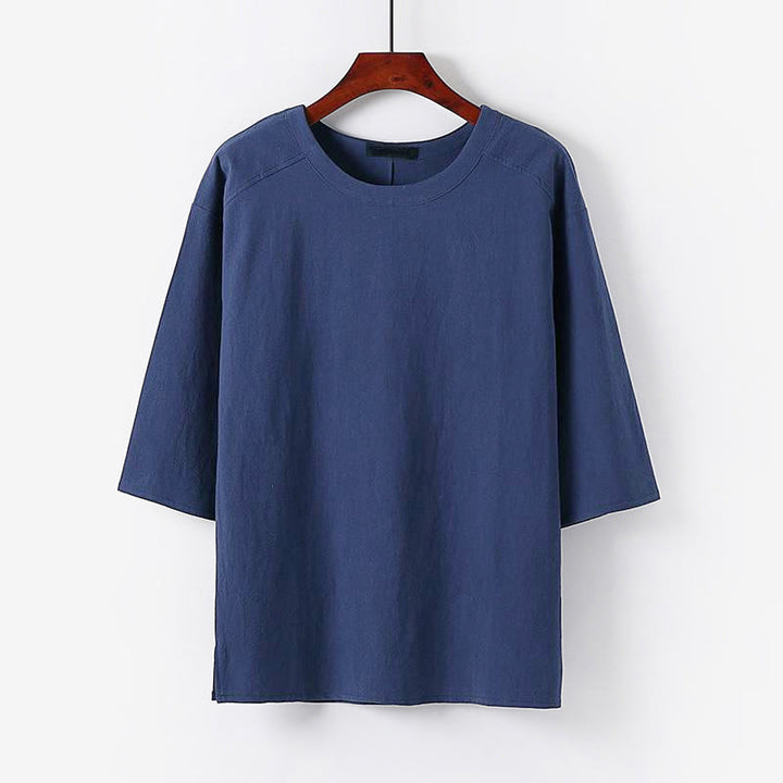 T-shirt d'été décontracté à col rond et manches 3/4 pour homme, en coton et lin, Buddha Stones - SteelBlue - US/UK/AU54，EU64 (9XL) - image 8