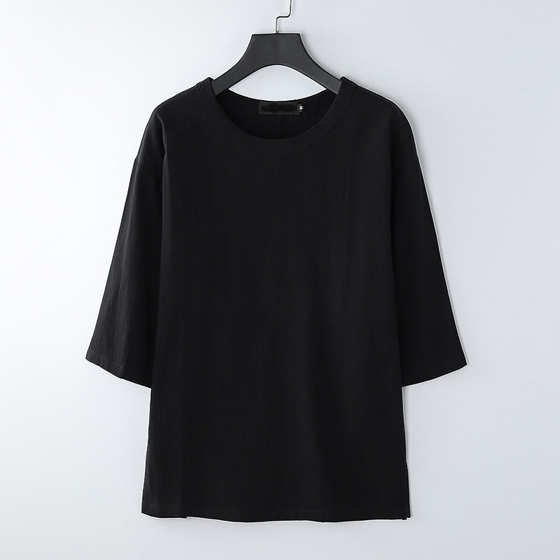 T-shirt d'été décontracté à col rond et manches 3/4 pour homme, en coton et lin, Buddha Stones - Noir - US/UK/AU54，EU64 (9XL) - image 7
