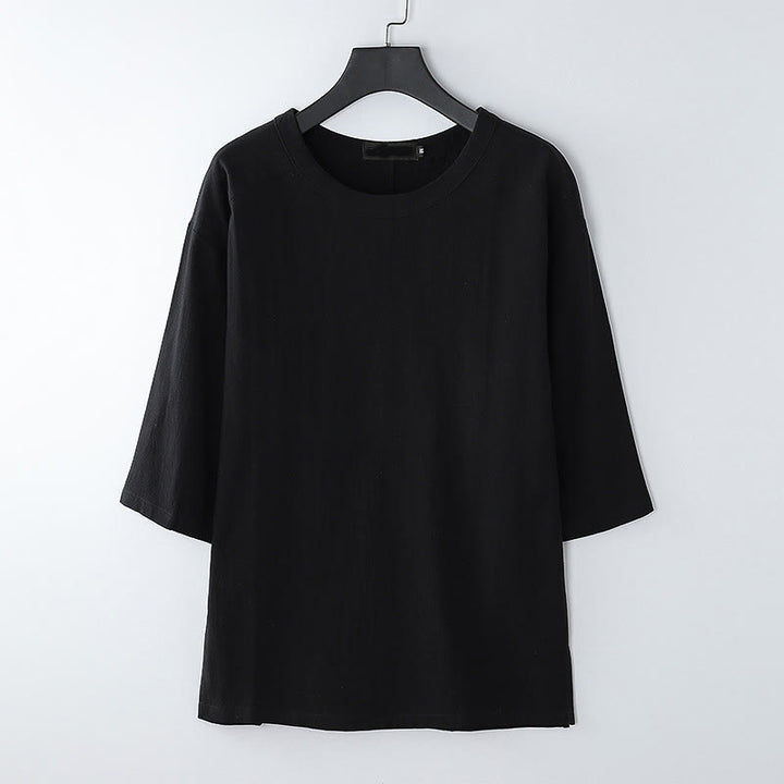 T-shirt d'été décontracté à col rond et manches 3/4 pour homme, en coton et lin, Buddha Stones - Noir - US/UK/AU54，EU64 (9XL) - image 7