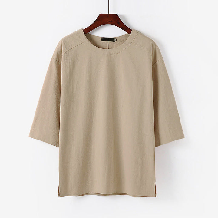 T-shirt d'été décontracté à col rond et manches 3/4 pour homme, en coton et lin, Buddha Stones - Bisque - US/UK/AU54，EU64 (9XL) - image 0