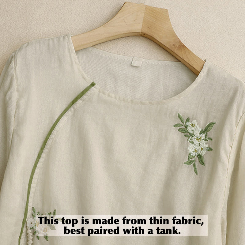 Chemise femme beige à manches trois-quarts, ornée de broderies florales et de feuilles vertes, avec motif de Buddha Stones - image 2