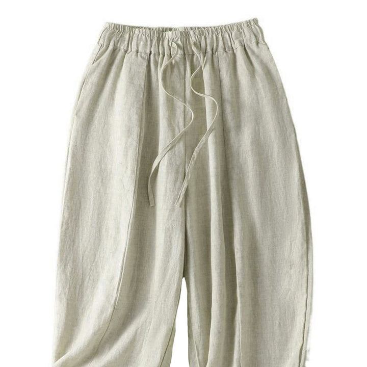 Buddha Stones Pantalon d'été décontracté en lin uni à cordon de serrage et jambes larges avec poches, longueur cheville. - image 8