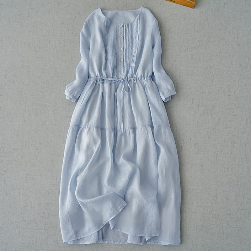 Buddha Stones Robe d'été vintage à manches courtes en coton uni, style vintage, avec cordon de serrage et boutons, ornée de plis piqués et poches. - Bleu clair - US12, UK/AU16, EU44 (2XL) - image 0