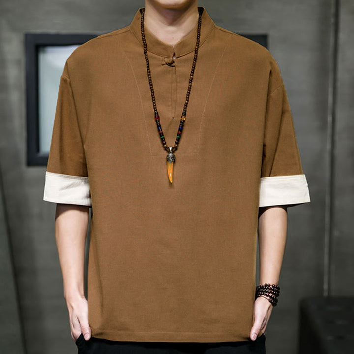Buddha Stones Chemises d'été à manches courtes pour hommes, col mandarin, unies - Pérou - US/UK/AU46, EU56 (5XL) - image 10