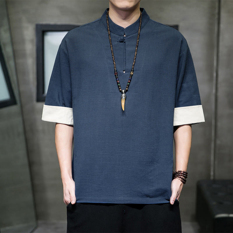 Buddha Stones Chemises d'été à manches courtes pour hommes, col mandarin, unies - SteelBlue - US/UK/AU46, EU56 (5XL) - image 0