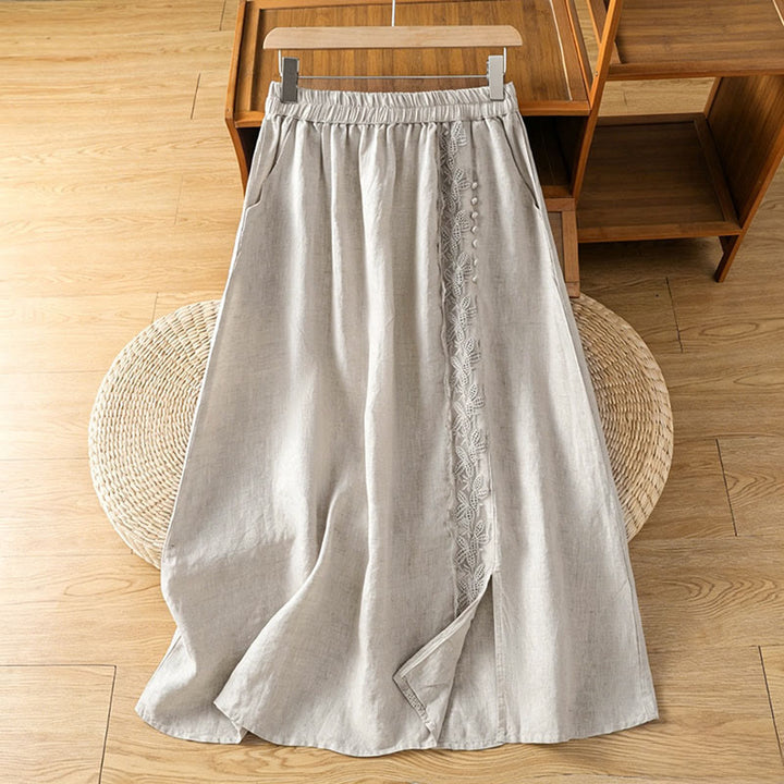 Buddha Stones Jupes d'été décontractées vintage à fente latérale, unies à fleurs et poches pour femmes - Beige - US8-10, UK/AU12-14, EU40-42 (2XL) - image 0
