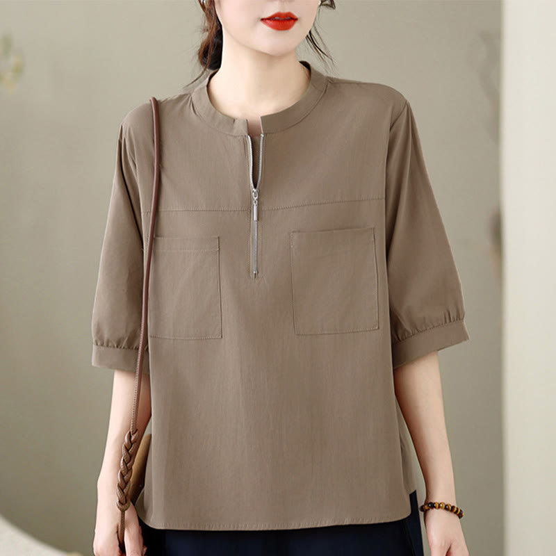 Buddha Stones Chemises d'été minimalistes et décontractées à manches courtes pour femmes, avec fermeture éclair au quart et poche plaquée. - Tanné - US12, UK/AU16, EU44 (2XL) - image 0