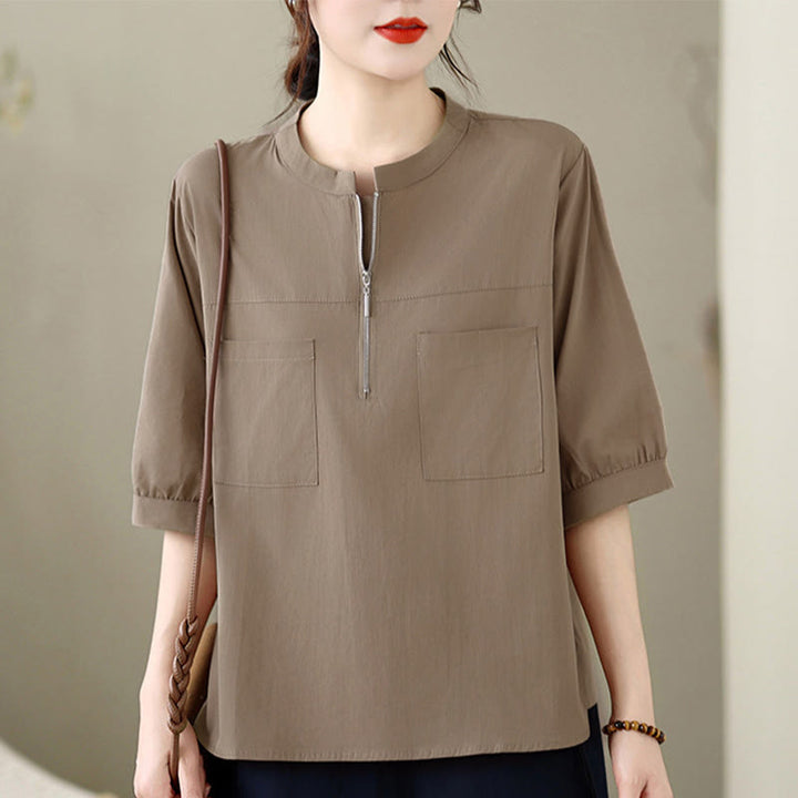 Buddha Stones Chemises d'été minimalistes et décontractées à manches courtes pour femmes, avec fermeture éclair au quart et poche plaquée. - Tanné - US12, UK/AU16, EU44 (2XL) - image 0