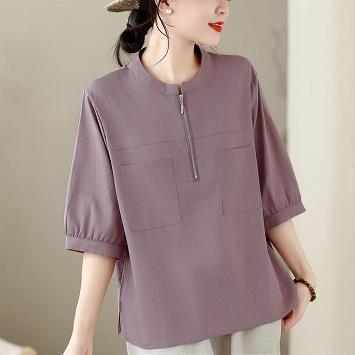 Buddha Stones Chemises d'été minimalistes et décontractées à manches courtes pour femmes, avec fermeture éclair au quart et poche plaquée. - Chardon - US12, UK/AU16, EU44 (2XL) - image 11