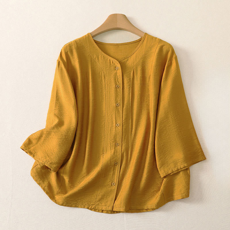 Buddha Stones Chemises à manches longues unies à boutons pour femmes, style minimaliste décontracté d'été - verge d'or - US12, UK/AU16, EU44 (3XL) - image 0