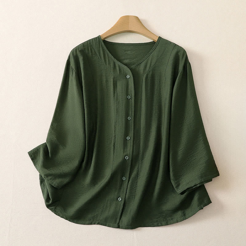 Buddha Stones Chemises à manches longues unies à boutons pour femmes, style minimaliste décontracté d'été - Vert olive foncé - US12, UK/AU16, EU44 (3XL) - image 13