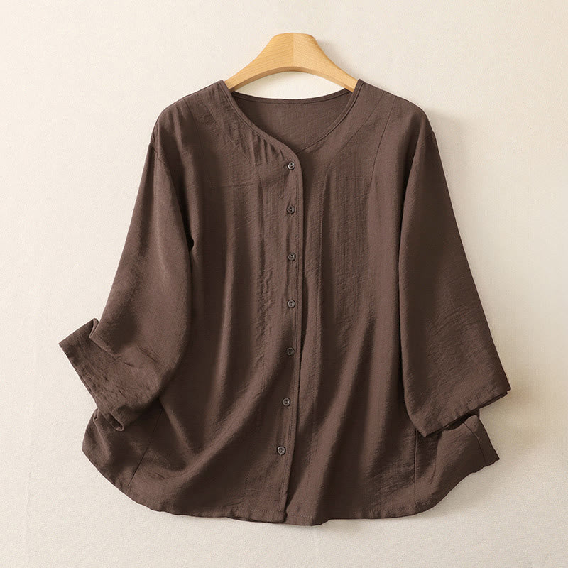 Buddha Stones Chemises à manches longues unies à boutons pour femmes, style minimaliste décontracté d'été - SaddleBrown - US12, UK/AU16, EU44 (3XL) - image 17