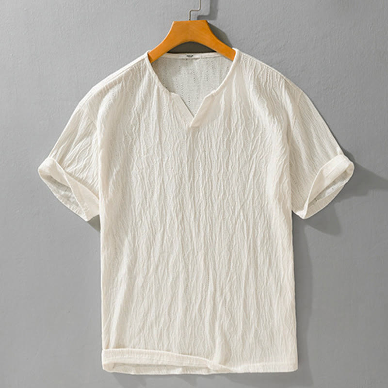 Buddha Stones T-shirts d'été minimalistes à manches courtes et col en V pour hommes - Lin - US/UK/AU42, EU52 (3XL) - image 11