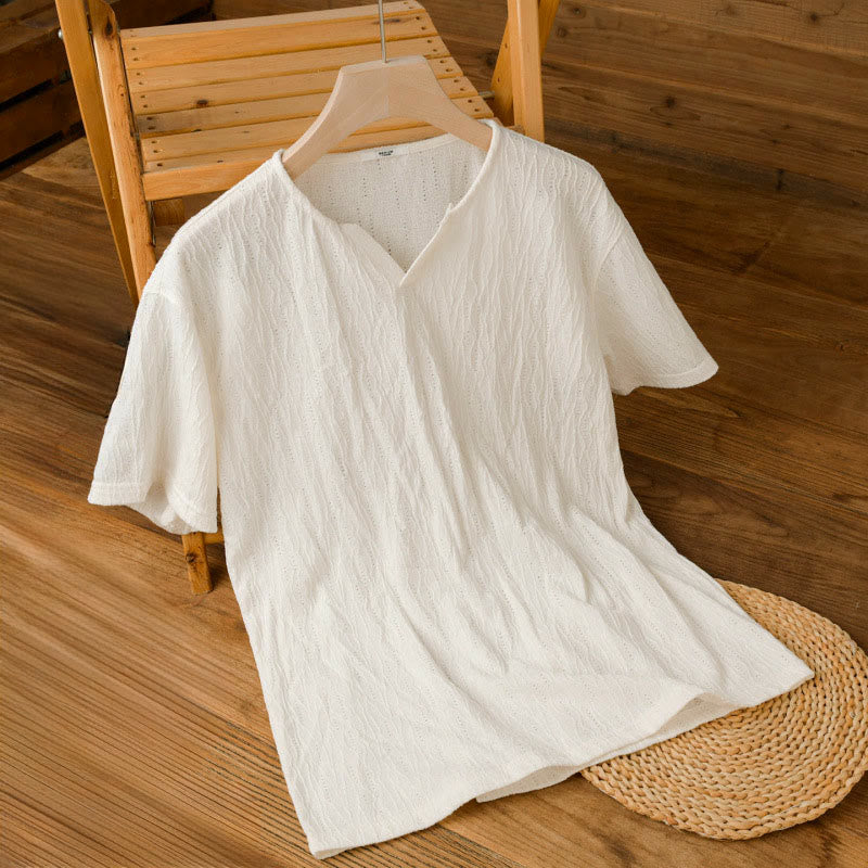 Buddha Stones T-shirts d'été minimalistes à manches courtes et col en V pour hommes - image 12
