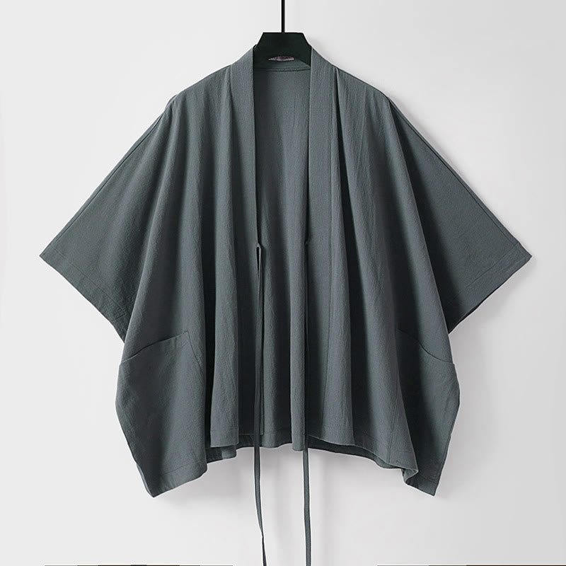 Buddha Stones Kimono d'été minimaliste pour homme, à manches courtes, lacé et à cordon, avec poches - image 1