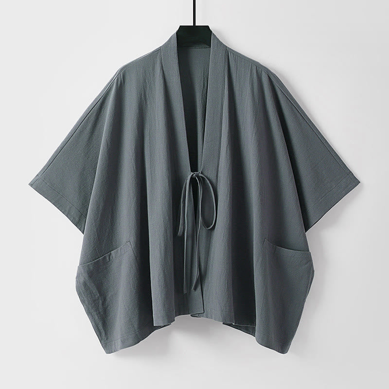 Buddha Stones Kimono d'été minimaliste pour homme, à manches courtes, lacé et à cordon, avec poches - Gris sombre - US/UK/AU40, EU50 (L) - image 0