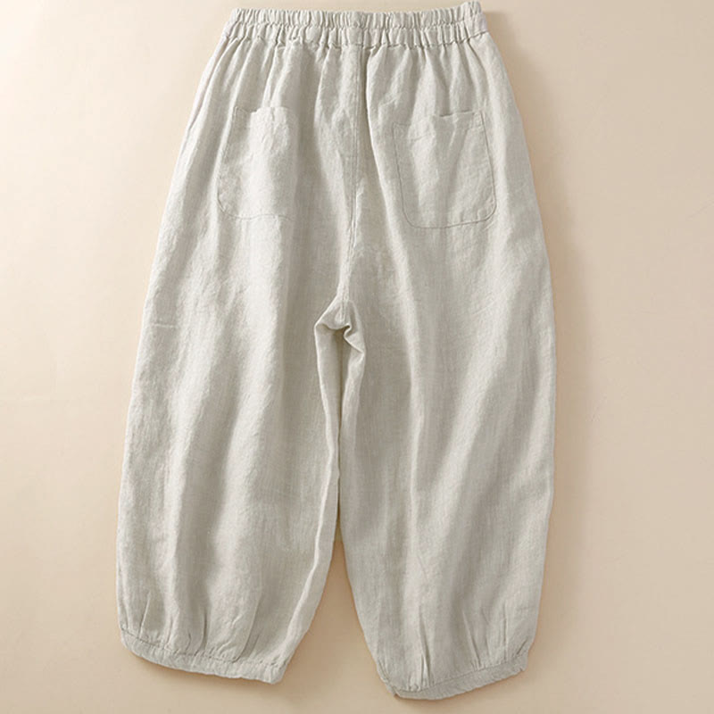 Pantalon harem ample à cordon de serrage et poches, couleur unie, motif floral et Buddha Stones - image 1