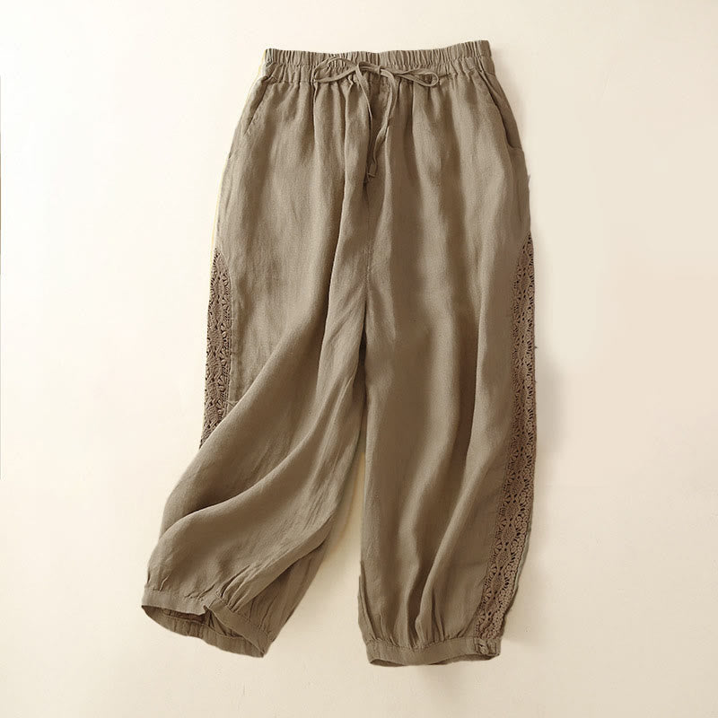 Pantalon harem ample à cordon de serrage et poches, couleur unie, motif floral et Buddha Stones - Kaki - US8-10，UK/AU12-14，EU40-42 (2XL) - image 24