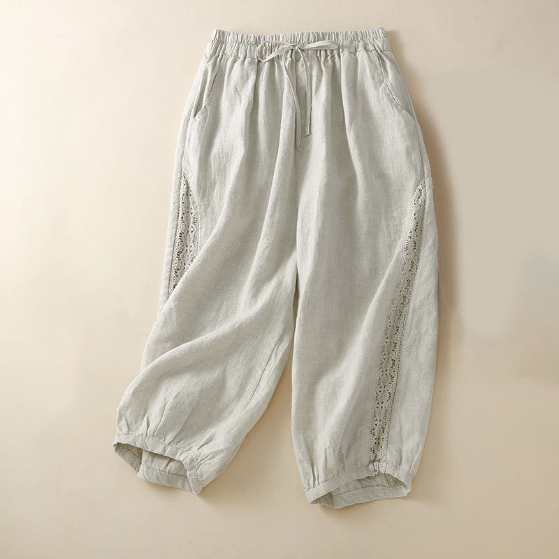 Pantalon harem ample à cordon de serrage et poches, couleur unie, motif floral et Buddha Stones - Beige - US8-10，UK/AU12-14，EU40-42 (2XL) - image 0