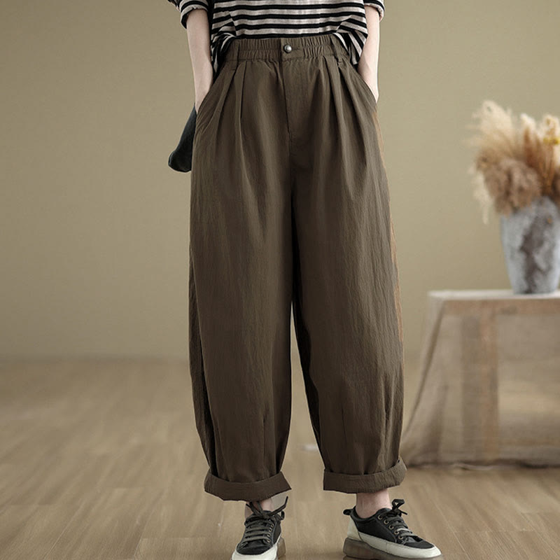Pantalon femme Buddha Stones décontracté, couleur unie, avec un bouton et taille élastique, poches - image 1