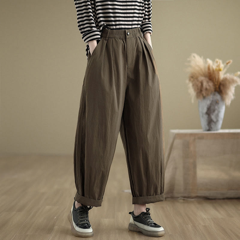 Pantalon femme Buddha Stones décontracté, couleur unie, avec un bouton et taille élastique, poches - SaddleBrown - US8-10，UK/AU12-14，EU40-42 (2XL) - image 0
