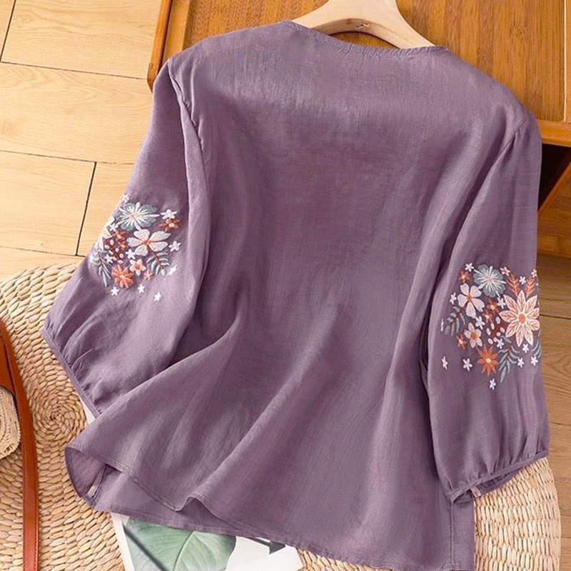 T-shirt à manches trois-quarts pour femme, col rond, broderie florale et feuilles, motif Buddha Stones - image 1