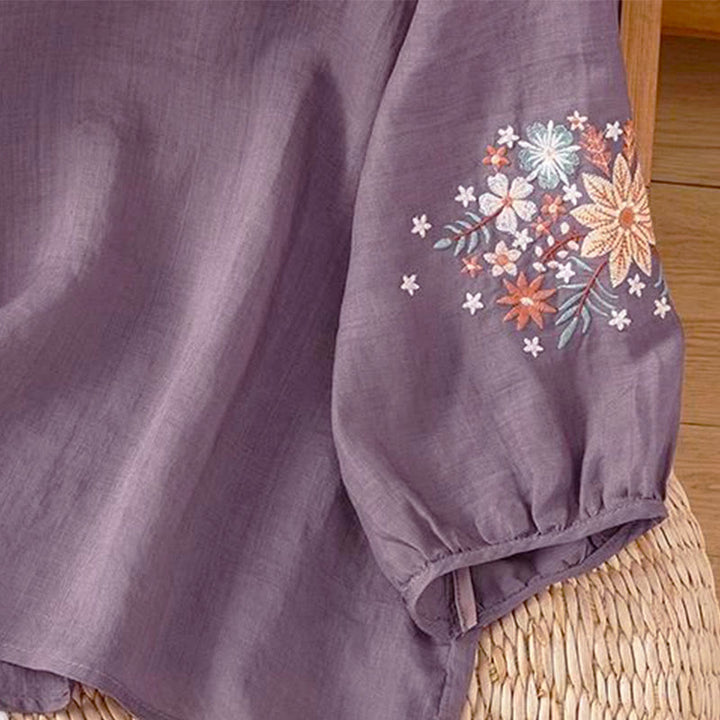T-shirt à manches trois-quarts pour femme, col rond, broderie florale et feuilles, motif Buddha Stones - image 4