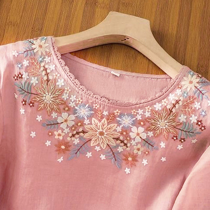 T-shirt à manches trois-quarts pour femme, col rond, broderie florale et feuilles, motif Buddha Stones - image 13