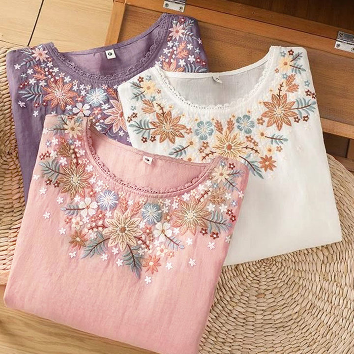 T-shirt à manches trois-quarts pour femme, col rond, broderie florale et feuilles, motif Buddha Stones - image 17