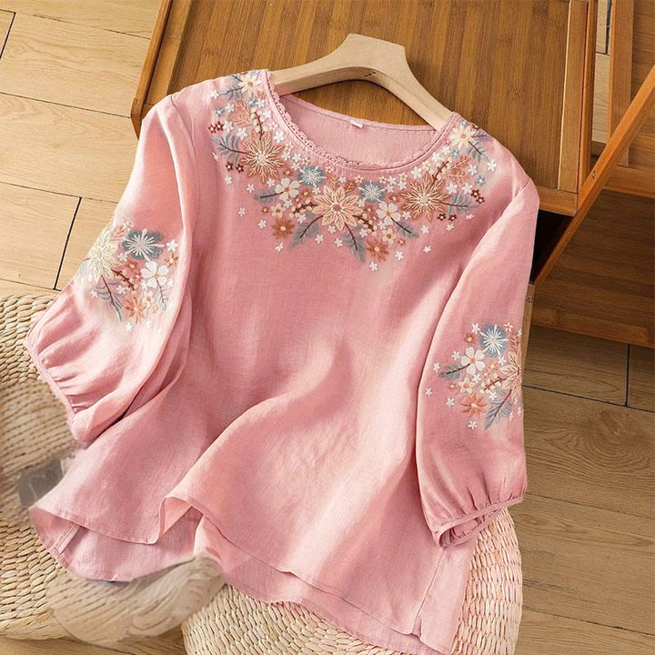 T-shirt à manches trois-quarts pour femme, col rond, broderie florale et feuilles, motif Buddha Stones - Rose clair - US12，UK/AU16，EU44 (3XL) - image 11