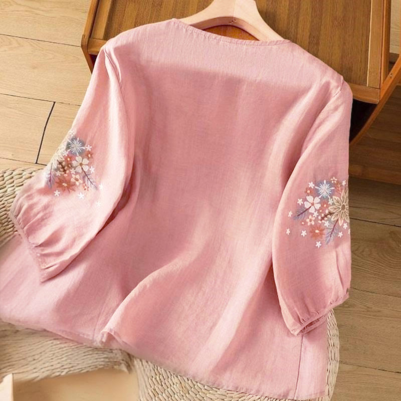 T-shirt à manches trois-quarts pour femme, col rond, broderie florale et feuilles, motif Buddha Stones - image 12