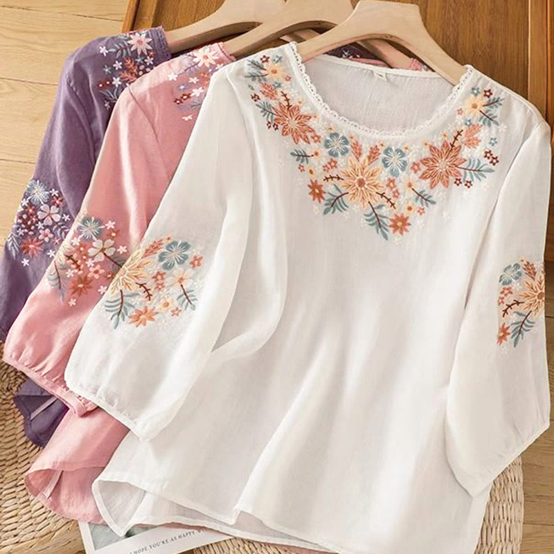 T-shirt à manches trois-quarts pour femme, col rond, broderie florale et feuilles, motif Buddha Stones - image 18