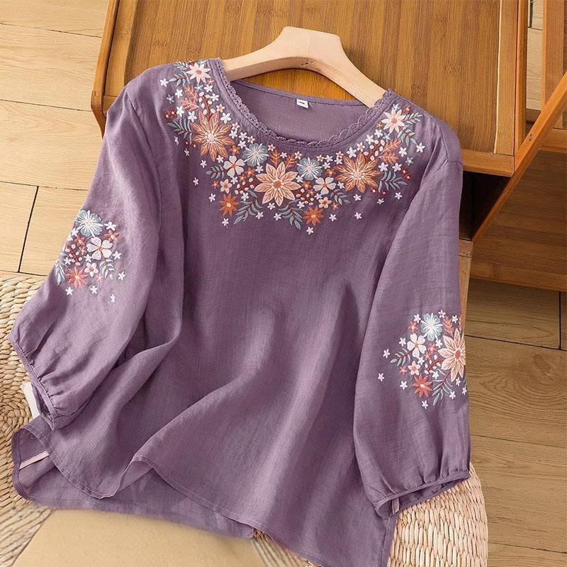 T-shirt à manches trois-quarts pour femme, col rond, broderie florale et feuilles, motif Buddha Stones - Violet moyen - US12，UK/AU16，EU44 (3XL) - image 0