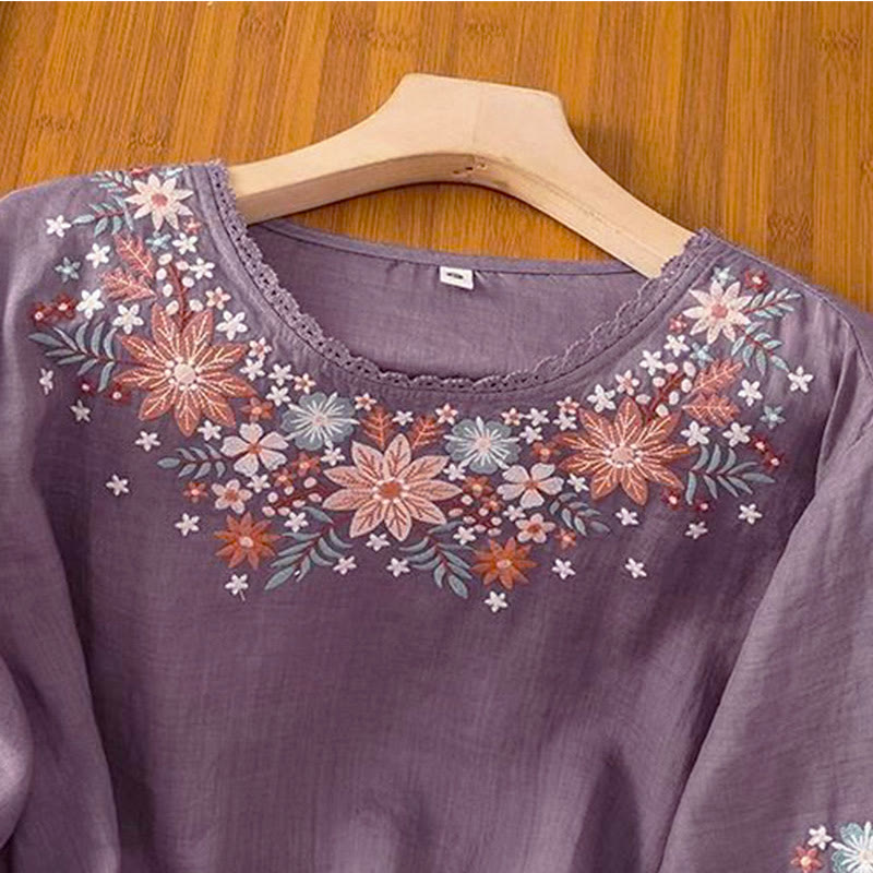 T-shirt à manches trois-quarts pour femme, col rond, broderie florale et feuilles, motif Buddha Stones - image 2