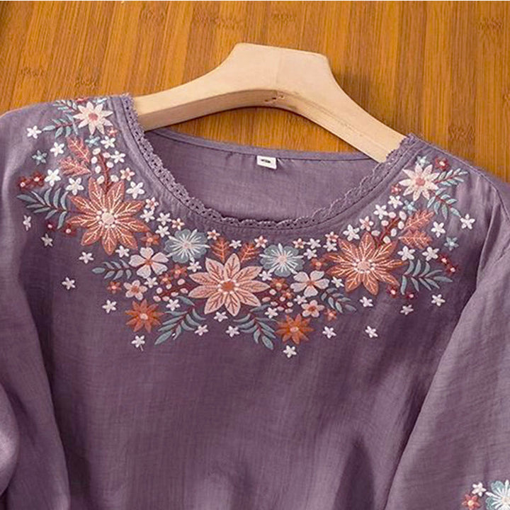 T-shirt à manches trois-quarts pour femme, col rond, broderie florale et feuilles, motif Buddha Stones - image 2