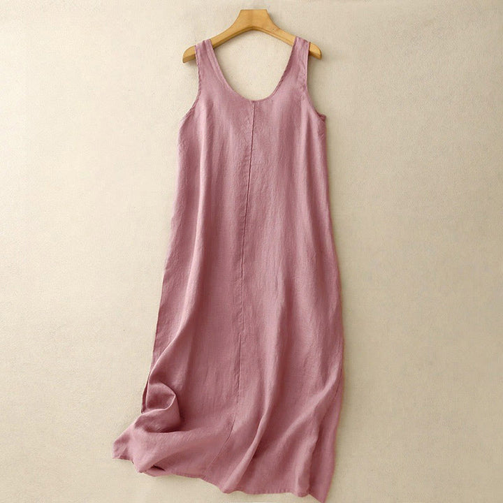 Robe midi sans manches à col rond, coupe simple et décontractée, ornée de poches, couleur unie, motif Buddha Stones . - Rouge violet pâle - US12，UK/AU16，EU44 (2XL) - image 0