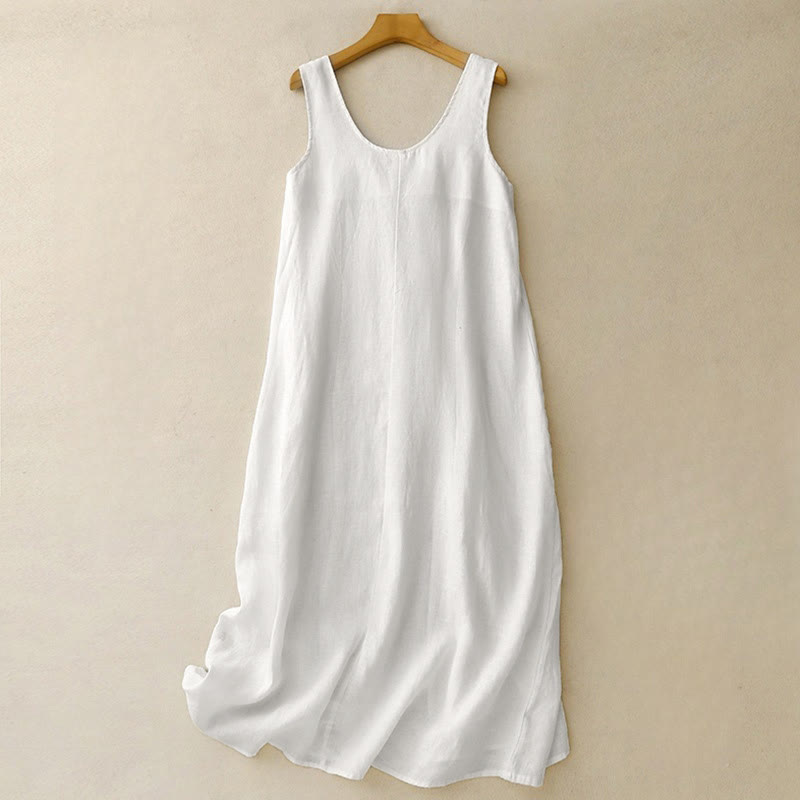 Robe midi sans manches à col rond, coupe simple et décontractée, ornée de poches, couleur unie, motif Buddha Stones . - FloralWhite - US12，UK/AU16，EU44 (2XL) - image 7