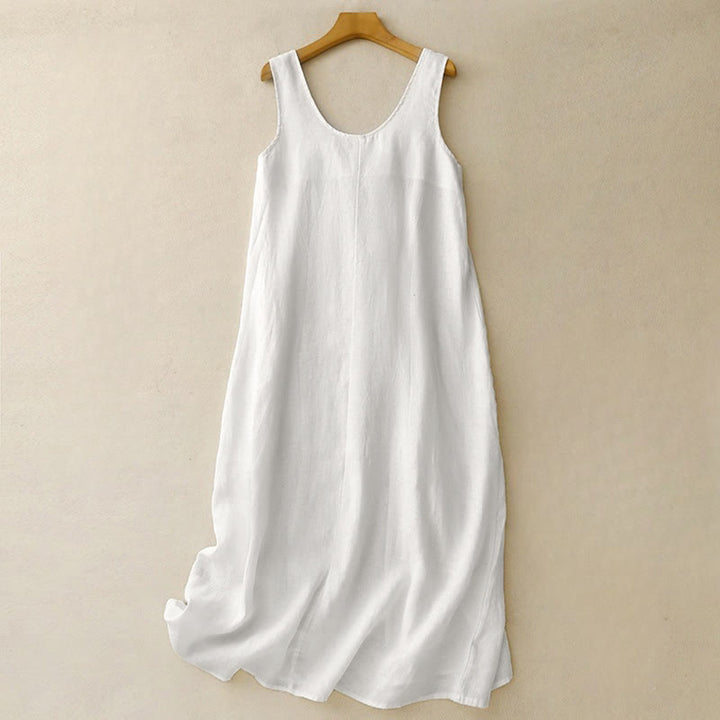 Robe midi sans manches à col rond, coupe simple et décontractée, ornée de poches, couleur unie, motif Buddha Stones . - FloralWhite - US12，UK/AU16，EU44 (2XL) - image 7