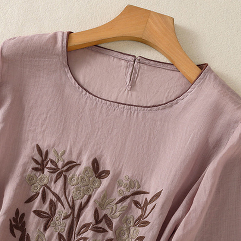 T-shirt en coton à manches trois-quarts pour femme, orné de broderies florales rétro Buddha Stones - image 25