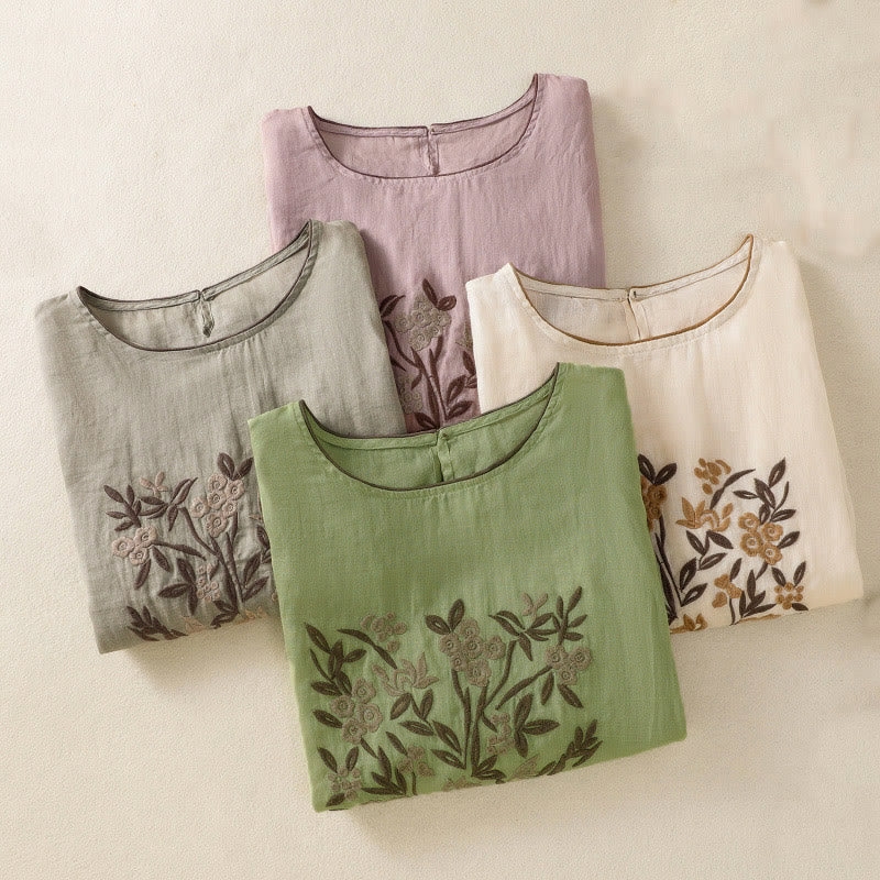 T-shirt en coton à manches trois-quarts pour femme, orné de broderies florales rétro Buddha Stones - image 32