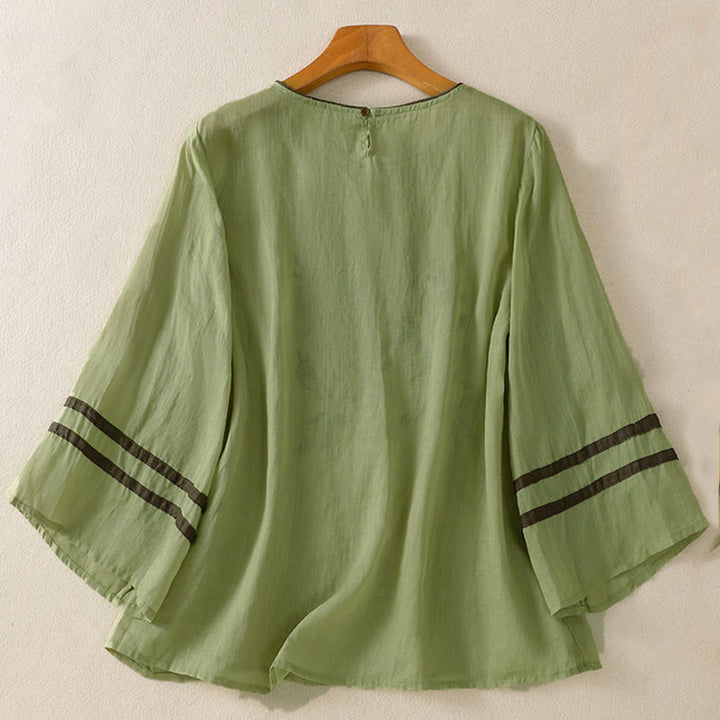 T-shirt femme à manches trois-quarts, broderie florale rétro Buddha Stones - image 17