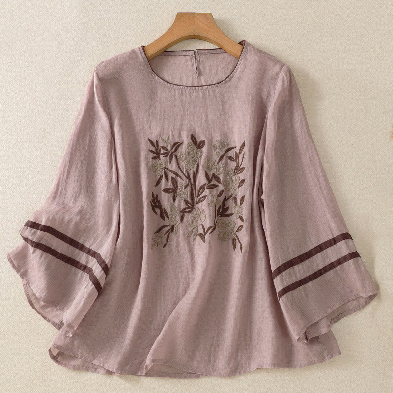 T-shirt en coton à manches trois-quarts pour femme, orné de broderies florales rétro Buddha Stones - Prune - US14，UK/AU18，EU46 (2XL) - image 23