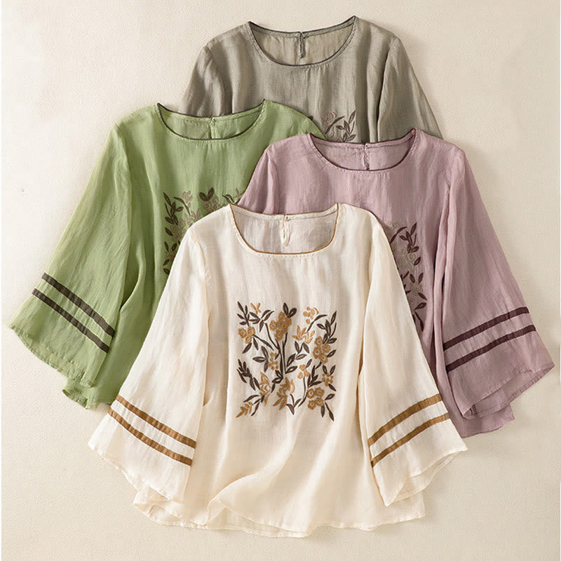 T-shirt en coton à manches trois-quarts pour femme, orné de broderies florales rétro Buddha Stones - image 31