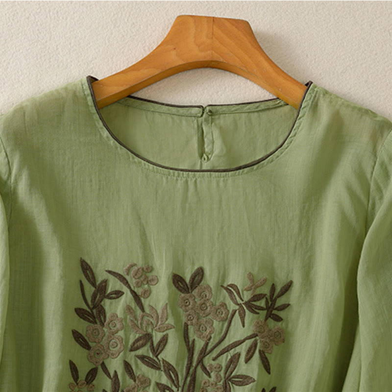 T-shirt en coton à manches trois-quarts pour femme, orné de broderies florales rétro Buddha Stones - image 18