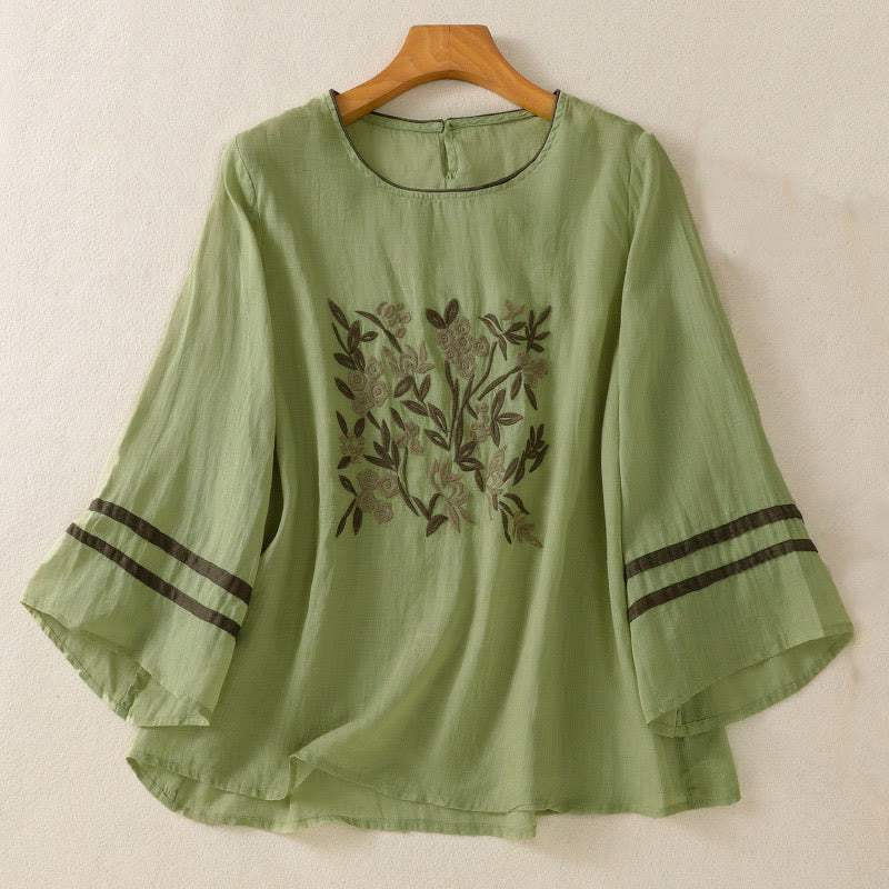 T-shirt femme à manches trois-quarts, broderie florale rétro Buddha Stones - Vert clair - US14，UK/AU18，EU46 (2XL) - image 16